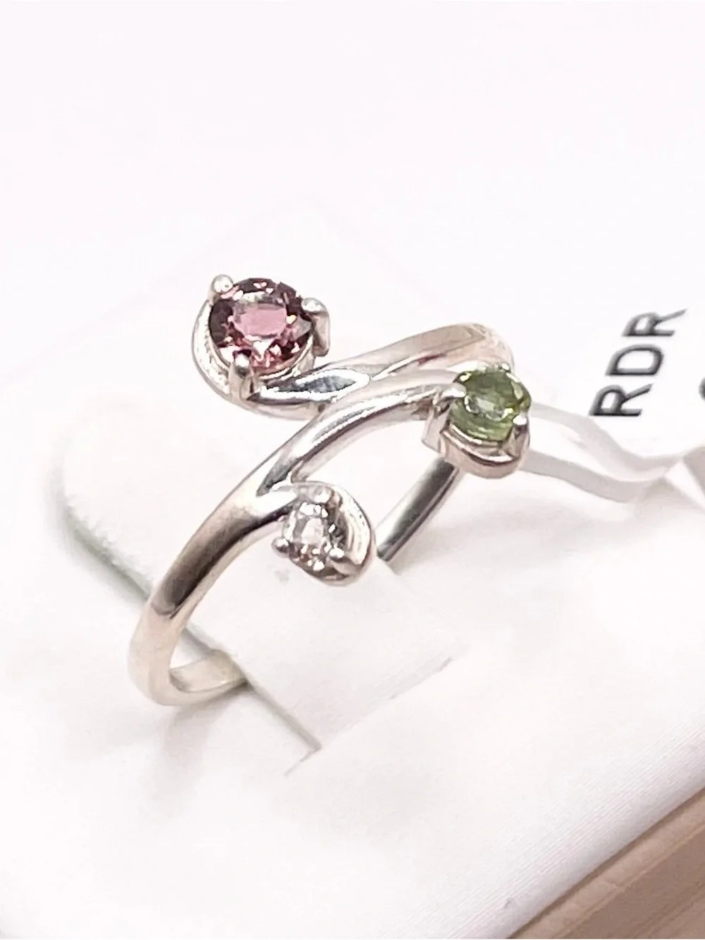 Size 7 Sterling Silver Ring with Pink, Green and White Tourmaline gemstones